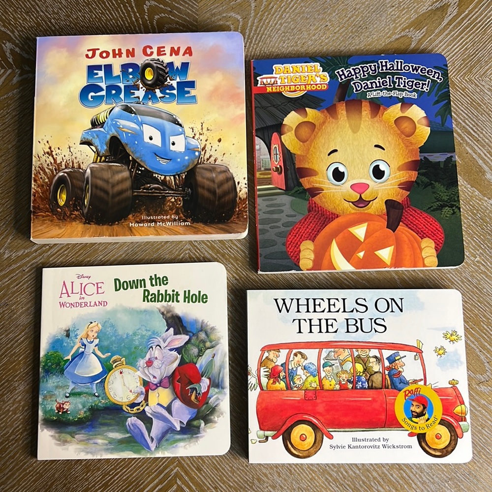 KIDS BOOK BUNDLE Set of 4 Books Daniel Tiger, Alice in Wonderland, Elbow…